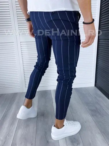 Pantaloni barbati casual regular fit bleumarin in dungi B5777 99-2